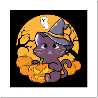 Halloween Cute Cat Pumpkin Witch Hat Posters and Art